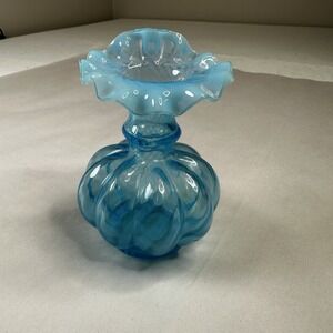 Vintage Fenton Art Glass Blue Overlay Melon Base Vase Ruffle Top Edge